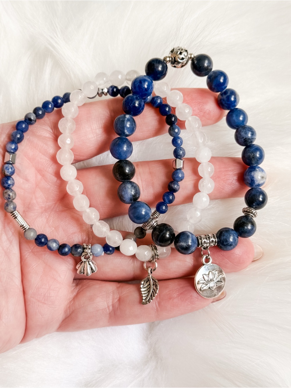 Lotus Sodalite and Quartz Charm Bracelet Trio - Crystal Bracelet Layering Set